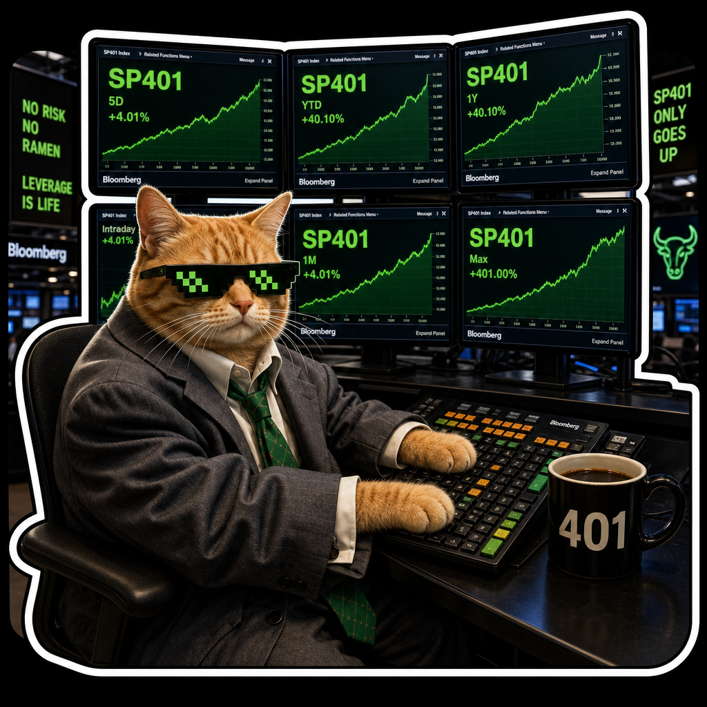Orange tabby cat trading SP401 at a Bloomberg terminal