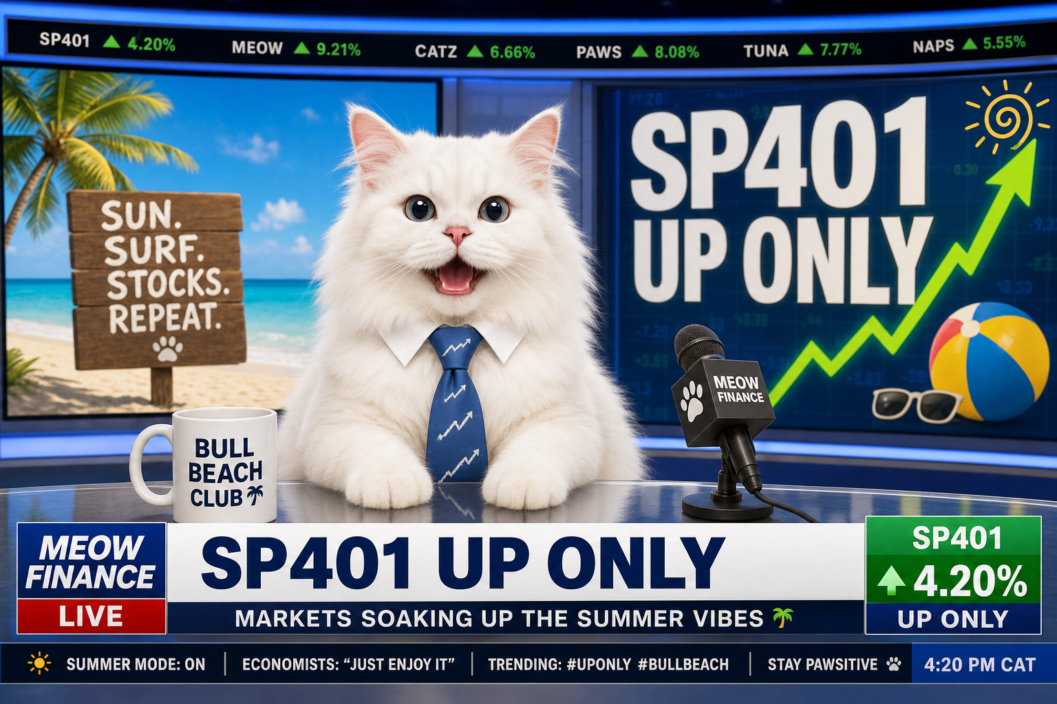 White cat news anchor reporting SP401 UP ONLY