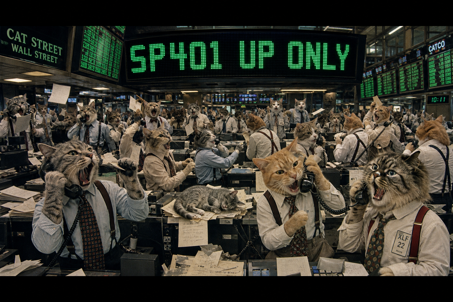 Cats on a Wall Street trading floor with SP401 UP ONLY on the board