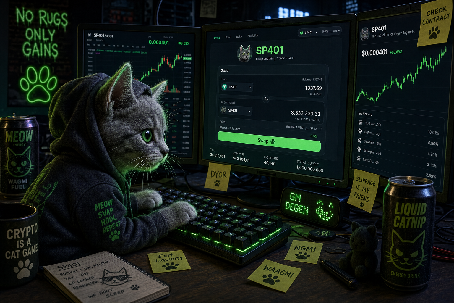 Grey kitten hacker swapping ETH for SP401